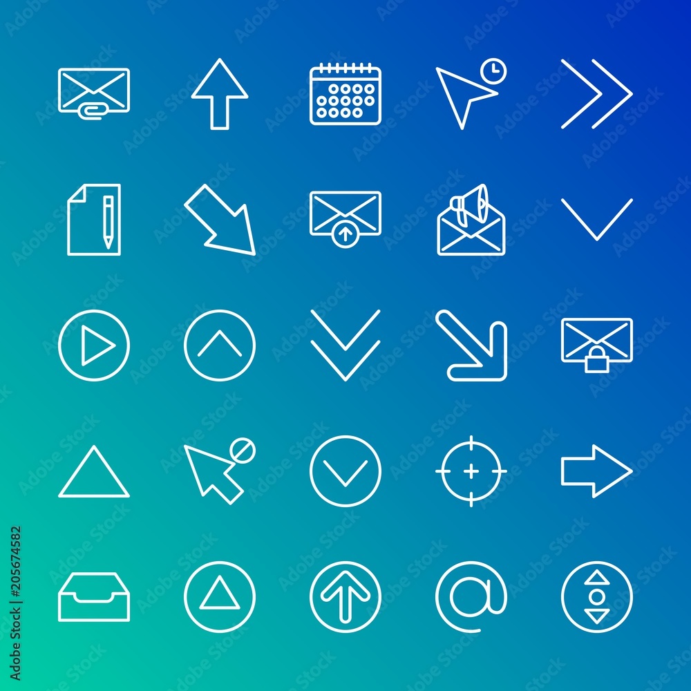 Modern Simple Set of arrows, cursors, email Vector outline Icons. Contains such Icons as  mail,  electronic, circle,  date,  lock, down and more on gradient background. Fully Editable. Pixel Perfect.