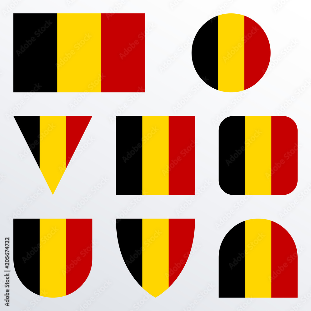 Fototapeta premium Belgium flag icon set. Belgian flag button or badge in different shapes. Vector illustration.