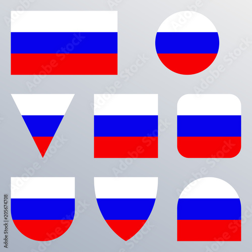 Russia flag icon set. Russian flag button or badge in different shapes. Vector illustration.