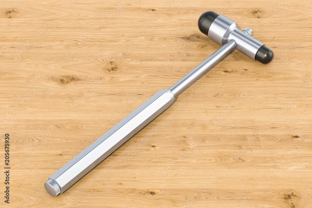 Reflex hammer on the wooden table, 3D rendering Reflex hammer on the wooden table, 3D rendering