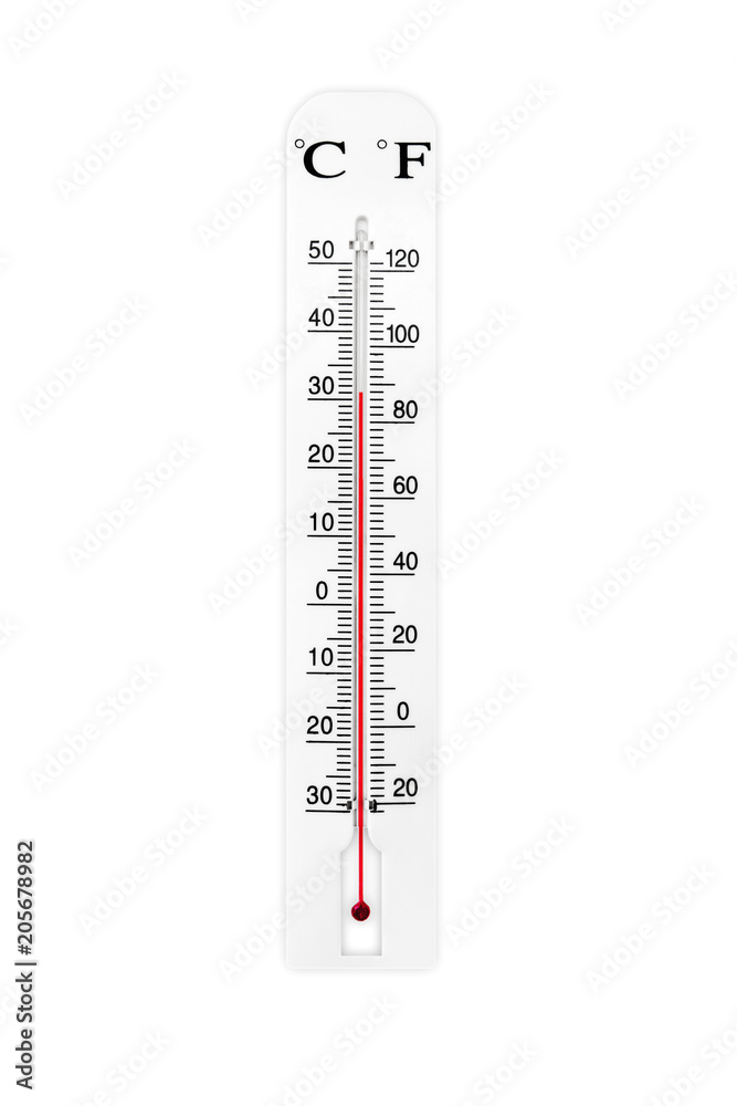 © Tomas Ragina - Atmospheric plastic meteorology thermometer isolated on white background. Air temperature plus 31 degrees celsius