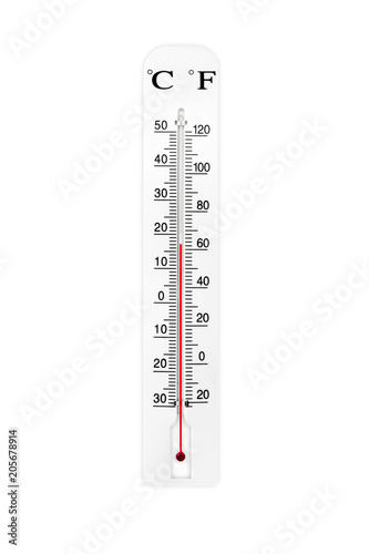 Atmospheric plastic meteorology thermometer isolated on white background. Air temperature plus 17 degrees celsius