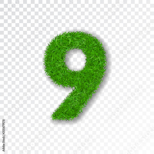Grass number nine. Green number 9, isolated on white transparent background. Green grass nine, symbol of nature, plant, summer. Grass texture spring font. Beautiful eco design. Vector illustration