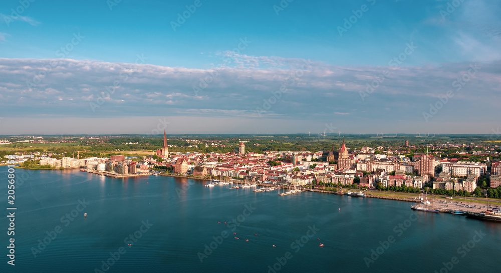 panoramic aerial view of the city harbor in rostock, germany