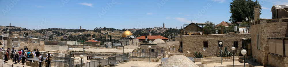 Jerusalem, Israel - May 16, 2018: Panoramic view of Jerusalem with the Sanctuary of the Muslims, the Dome of the Rock.