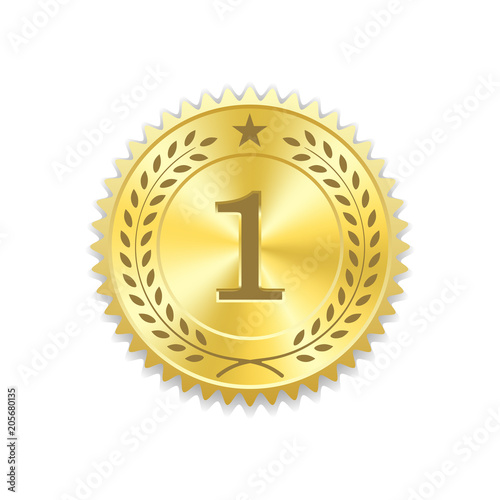Seal award gold icon. Blank medal with laurel wreath, isolated white background. Golden design emblem. Symbol of assurance, winner, guarantee and best label, premium, quality. Vector illustration