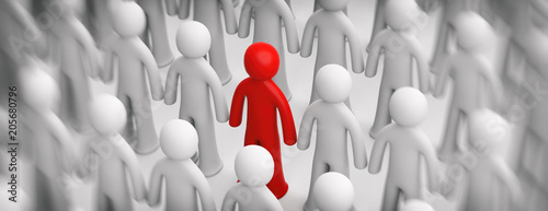 Photography Blur crowd of white human figures, one red figure on white background, banner