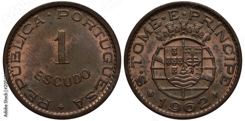 Portugal Sent Thomas and Prince coin one escudo 1962, denomination in center, arms in center, date below, colonial time,