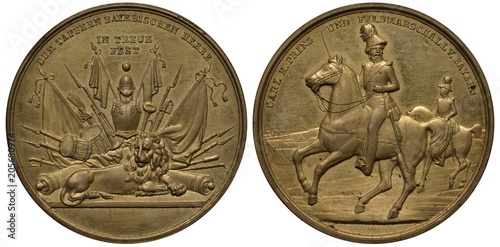 Germany German commemorative medal 19th century, courage of Bavarian troops, lion, cannons, flags, rifles, drums, saber, Prince Carl on horse, 