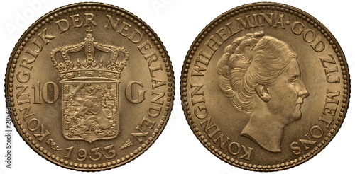The Netherlands Dutch coin ten gulden 1933, shield with lion with sword and arrows, crown above, Queen Wilhelmina head right, gold, photo