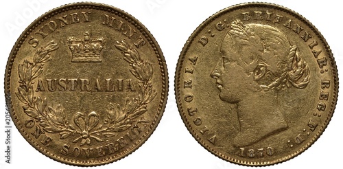 Australia Australian coin one sovereign 1870, country name in center surrounded by wreath, crown above, Sydney mint, Queen Victoria younger head left, gold,