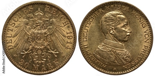 Germany German Prussian coin 20 twenty mark 1914, Land Prussia, imperial eagle with collar of the order and shield on breast, King Wilhelm II in military uniform right, gold,