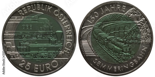 Austria Austrian 25 twenty five euro 2004, 150th anniversary of Austrian railways, electric and steam locomotives, train coming out of tunnel, bridge, rails, inner circle made of niobium, silver,