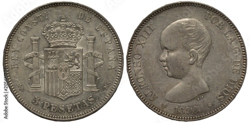 Spain, Spanish coin 5 five pesetas 1890, shield flanked by pillars, crown above, younger head of king Alfonso XIII left, silver,