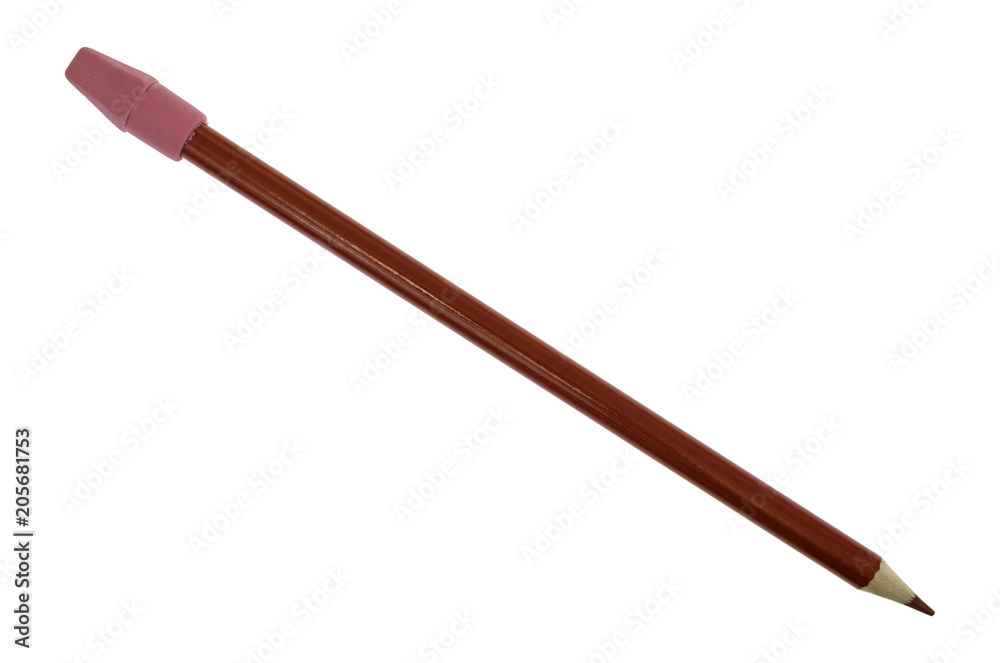 Red artist pencil with eraser cap on a white background. Red artist pencil with eraser cap on a white background.