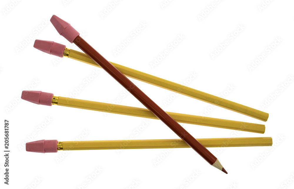Yellow and a single red artist pencil with eraser caps isolated on a white background. Yellow and a single red artist pencil with eraser caps isolated on a white background.