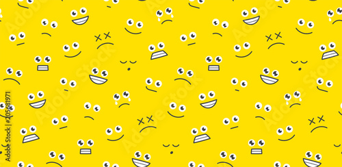 Seamless pattern with funny cartoon faces. isolated on yellow background
