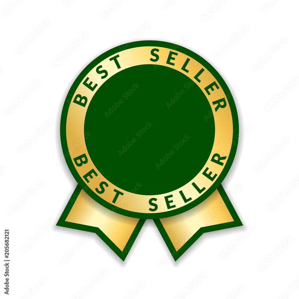 Ribbon award best seller. Gold ribbon award icon isolated white background. Bestseller golden tag sale label, badge, medal, guarantee quality product, business certificate. Vector illustration Ribbon award best seller. Gold ribbon award icon isolated white background. Bestseller golden tag sale label, badge, medal, guarantee quality product, business certificate. Vector illustration