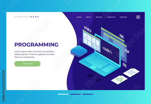 Header for website. Homepage. Concept of web development, programming and coding. Elements of interface and browser windows on monitor screen.Innovations and technologies. Vector illustration.