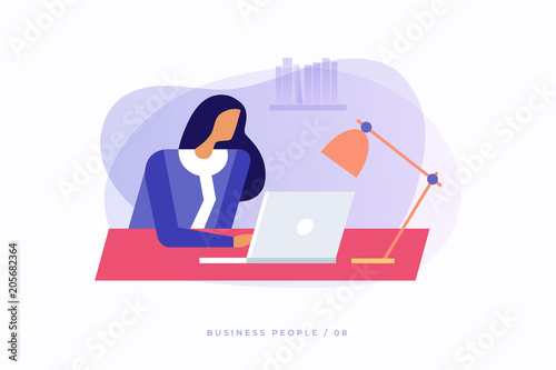 Young girl sitting in office and working on laptop looking at screen. Business lady or company worker. Colorful flat vector illustration for website, presentation and promotional materials.