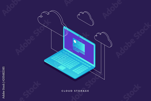 Concepts Cloud storage. Laptop on blue background. Synchronization and storage of data. 3d isometric flat design. Vector illustration.