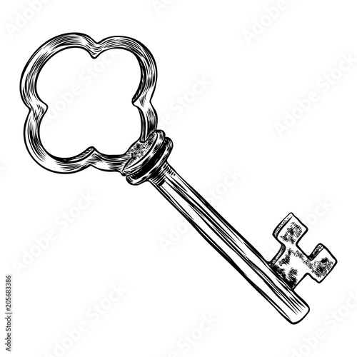 Retro key, vintage style. Key illustration for antiques decoration.  Ornamental medieval hand drawn old realistic design Vector.