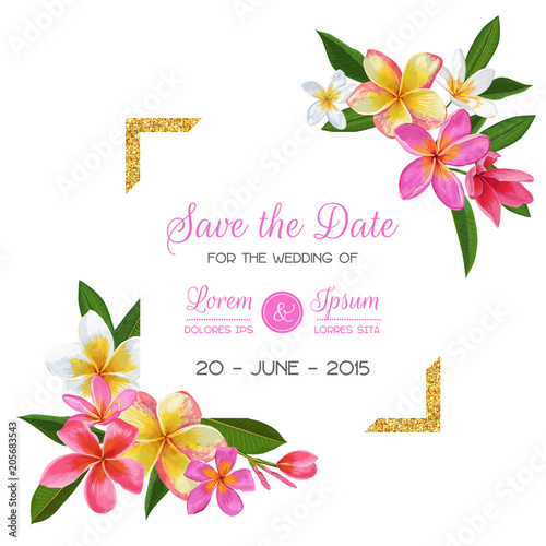 Wedding Invitation Template with Pink Plumeria Flowers. Tropical Floral Save the Date Card. Exotic Flower Romantic Design for Greeting Postcard, Birthday, Anniversary. Vector illustration