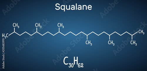 Squalane molecule. It is used in cosmetics as emollient and moisturizer Structural chemical formula and molecule model on the dark blue background photo