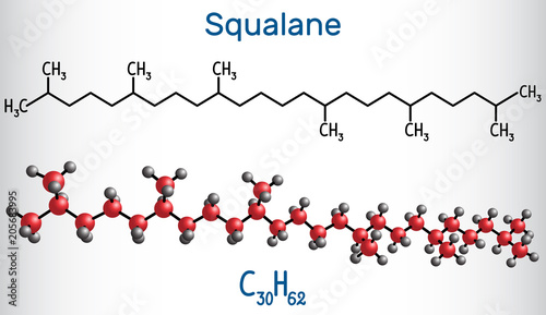 Squalane molecule. It is used in cosmetics as emollient and moisturizer Structural chemical formula and molecule model