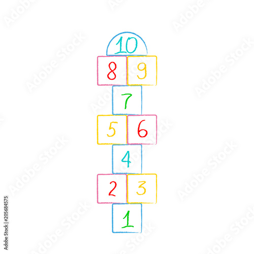 illustration with hopscotch game. Drawn in colored chalk.Children street game.Vector