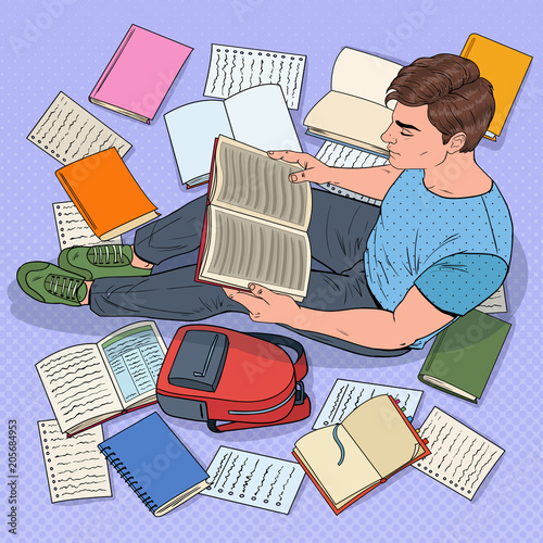 Pop Art Male Student Reading Books Sitting on the Floor. Teenager Preparing for Exams. Education, Study and Literature Concept. Vector illustration