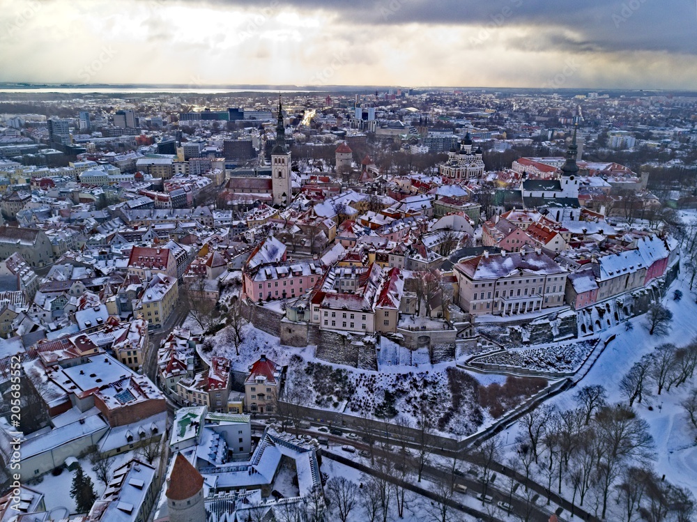 Aerial view of City Tallinn Estonia in winter time