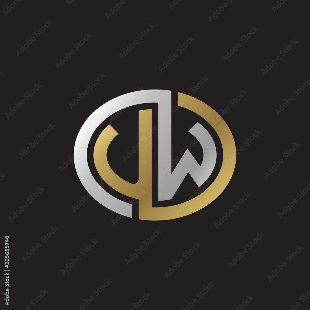 Initial letter UW, looping line, ellipse shape logo, silver gold color on black background Initial letter UW, looping line, ellipse shape logo, silver gold color on black background