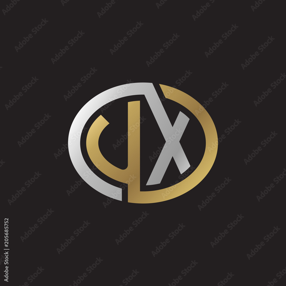 Initial letter UX, looping line, ellipse shape logo, silver gold color on black background Initial letter UX, looping line, ellipse shape logo, silver gold color on black background