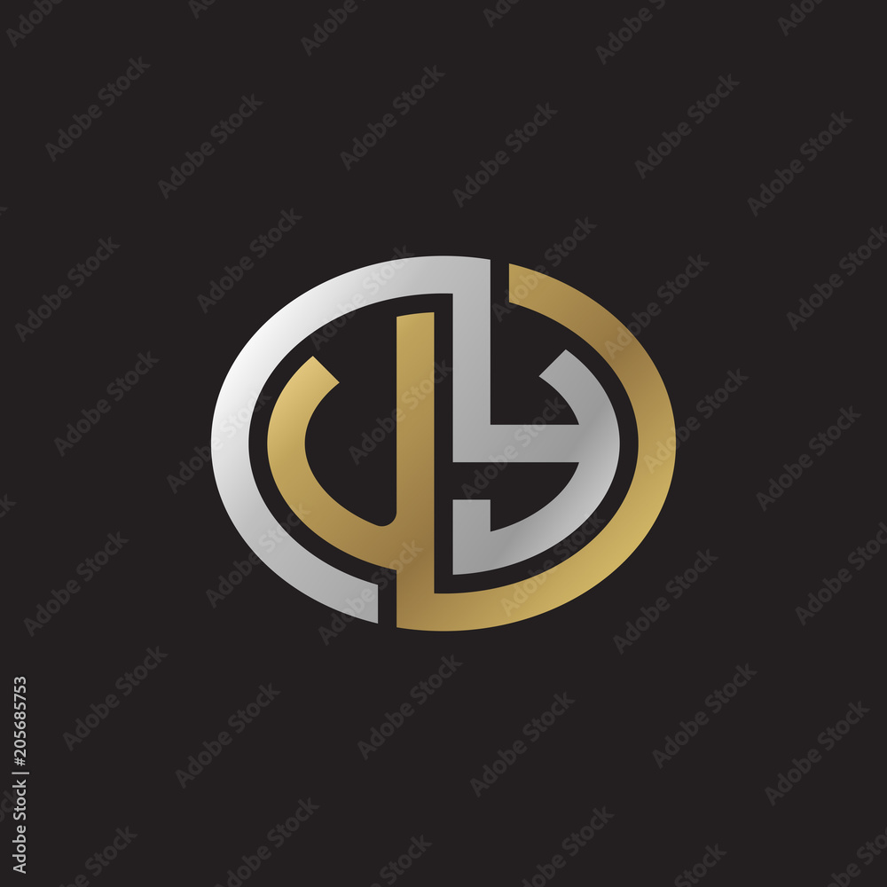 Initial letter UY, looping line, ellipse shape logo, silver gold color on black background Initial letter UY, looping line, ellipse shape logo, silver gold color on black background