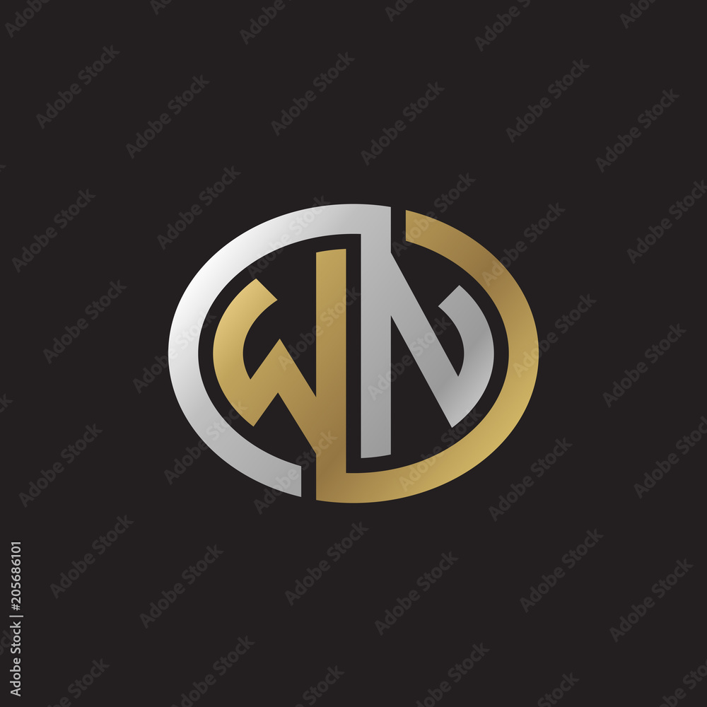 Initial letter WN, looping line, ellipse shape logo, silver gold color on black background Initial letter WN, looping line, ellipse shape logo, silver gold color on black background