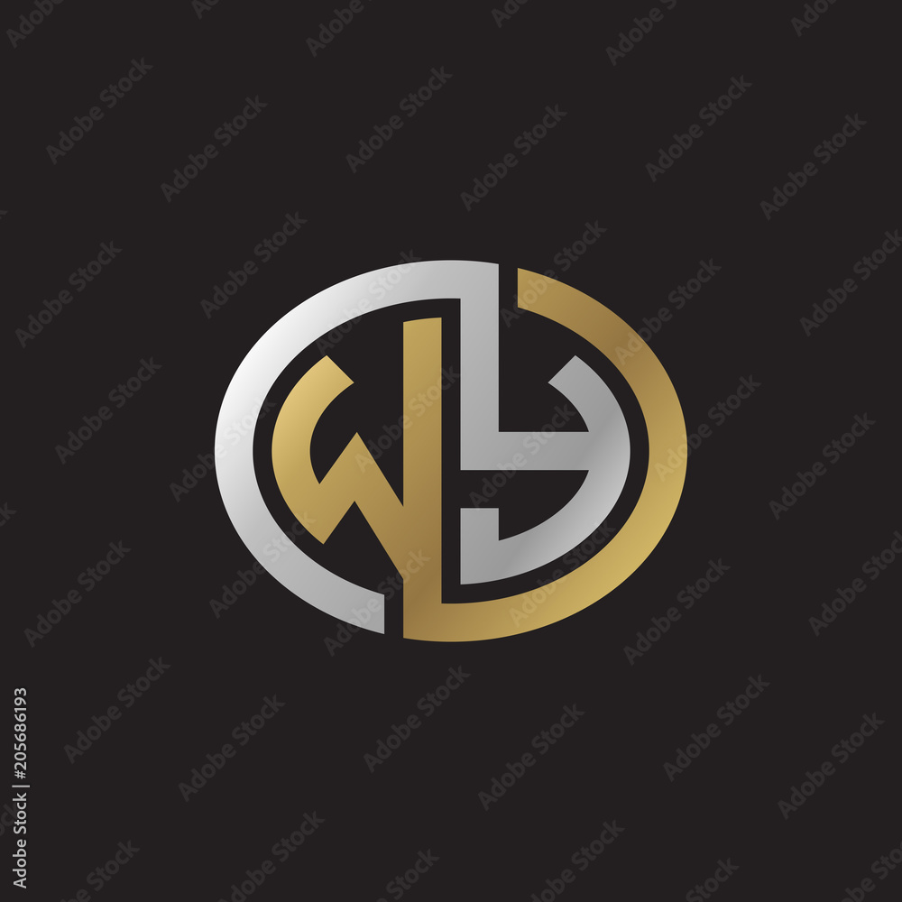 Initial letter WY, looping line, ellipse shape logo, silver gold color on black background Initial letter WY, looping line, ellipse shape logo, silver gold color on black background