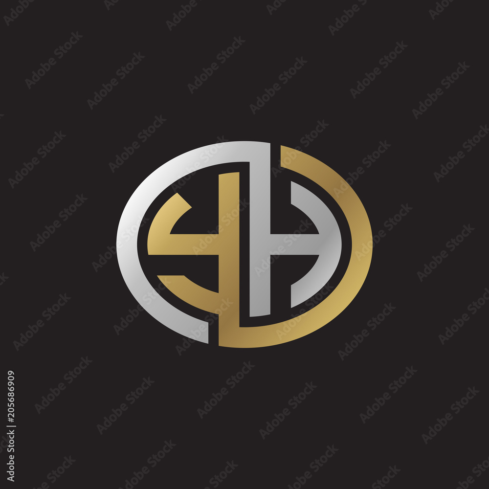 Initial letter YH, looping line, ellipse shape logo, silver gold color on black background Initial letter YH, looping line, ellipse shape logo, silver gold color on black background