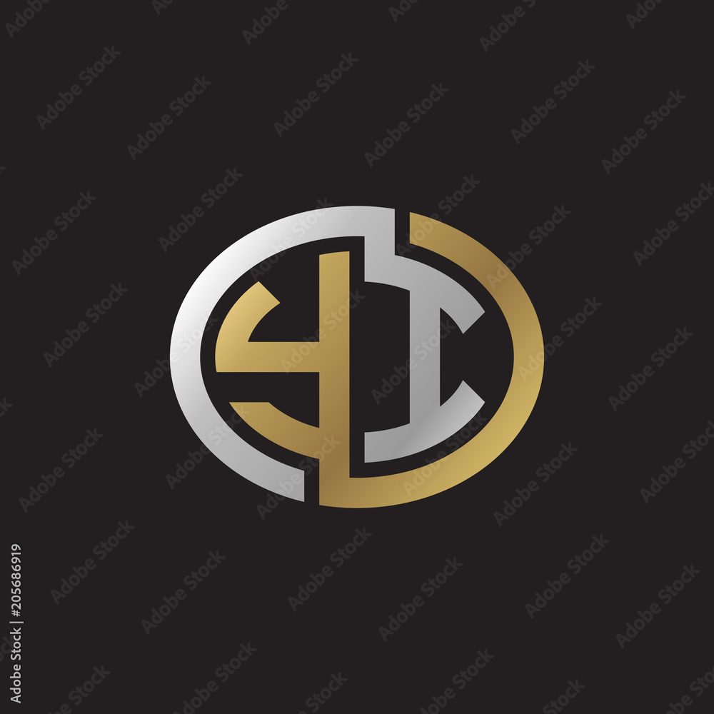 Initial letter YI, looping line, ellipse shape logo, silver gold color on black background Initial letter YI, looping line, ellipse shape logo, silver gold color on black background