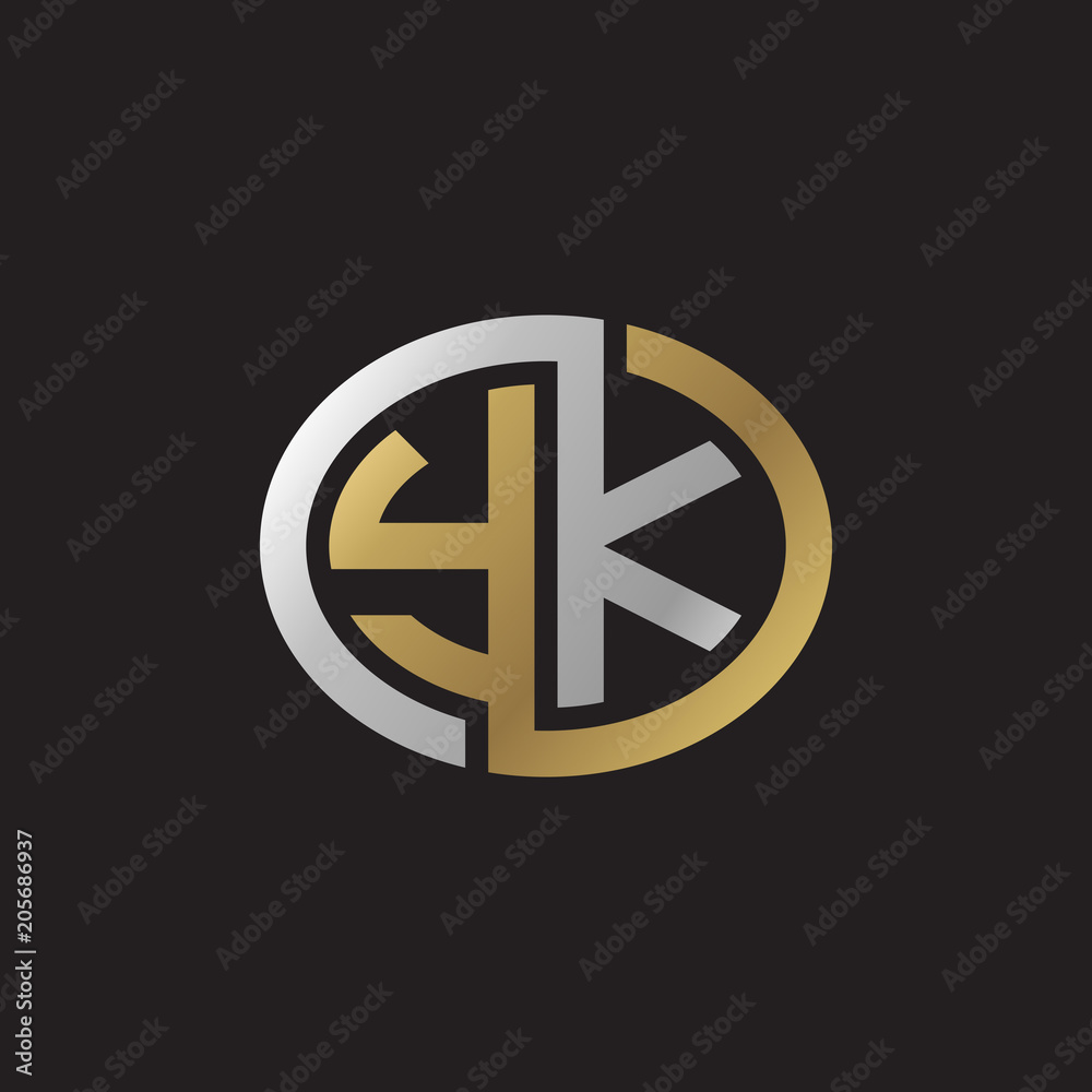 Initial letter YK, looping line, ellipse shape logo, silver gold color on black background Initial letter YK, looping line, ellipse shape logo, silver gold color on black background