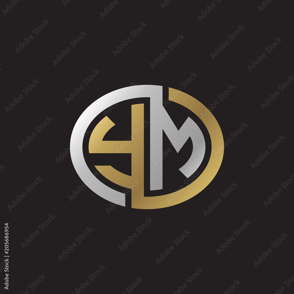 Initial letter YM, looping line, ellipse shape logo, silver gold color on black background