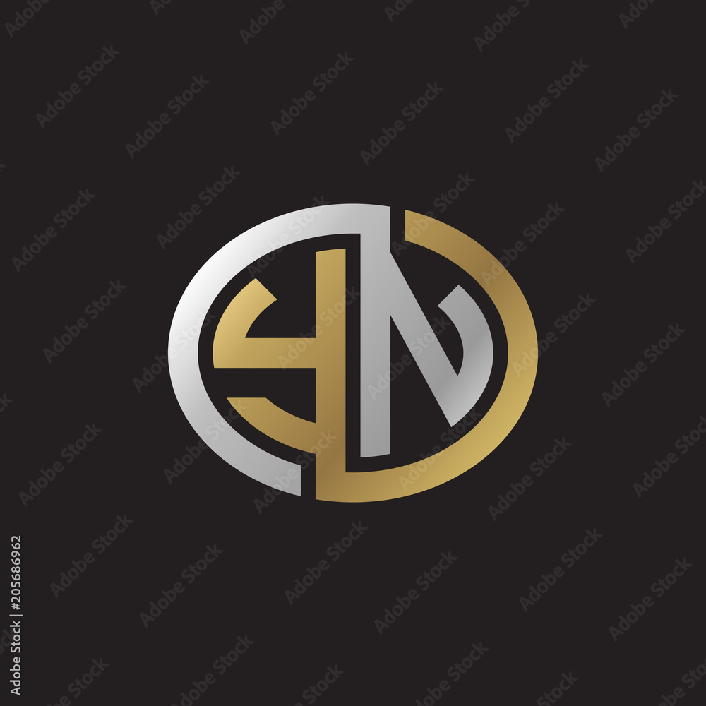 Initial letter YN, looping line, ellipse shape logo, silver gold color on black background Initial letter YN, looping line, ellipse shape logo, silver gold color on black background