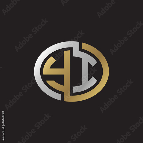 Initial letter YI, looping line, ellipse shape logo, silver gold color on black background