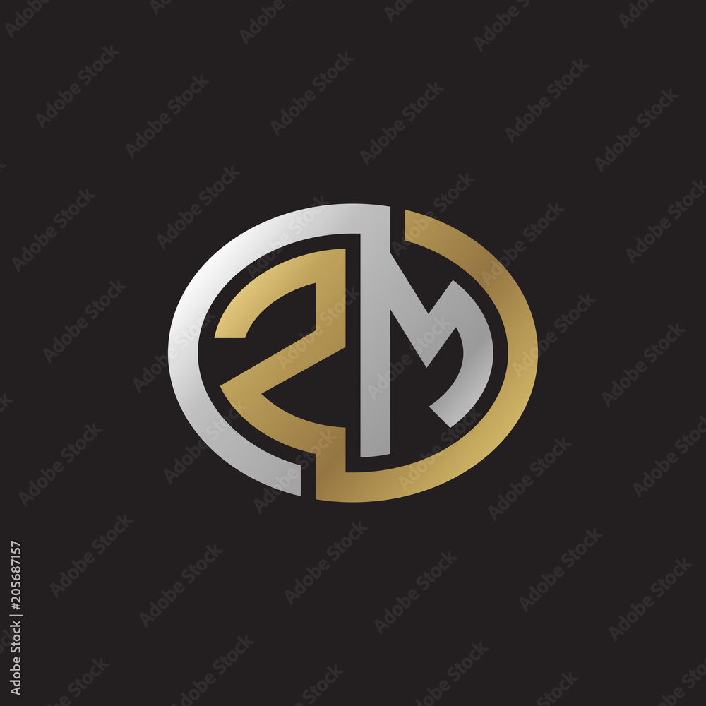Initial letter ZM, looping line, ellipse shape logo, silver gold color on black background Initial letter ZM, looping line, ellipse shape logo, silver gold color on black background