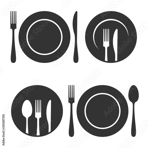 Plate with fork and knife icons set on white background