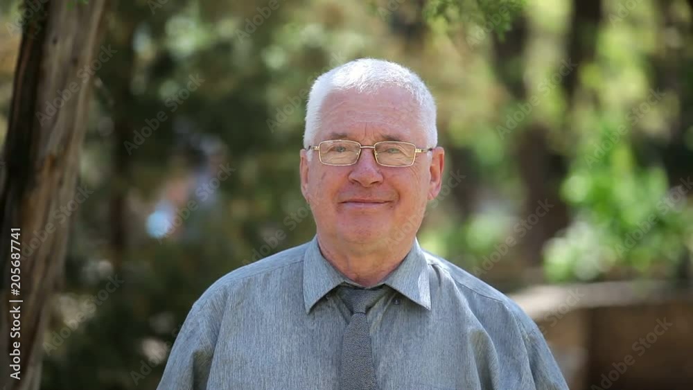An optimistic view of a cheerful white-headed man in a grey shirt and a necktie putting on his glasses and turning to the camera. He smiles in a park An optimistic view of a cheerful white-headed man in a grey shirt and a necktie putting on his glasses and turning to the camera. He smiles in a park