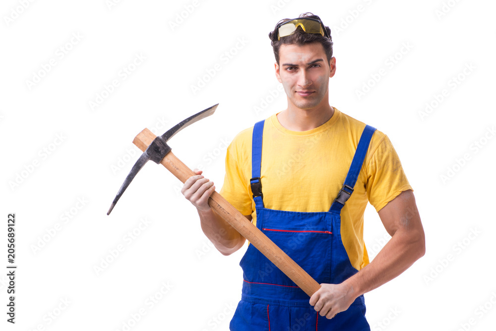 Young man contractor with axe isolated on white Young man contractor with axe isolated on white