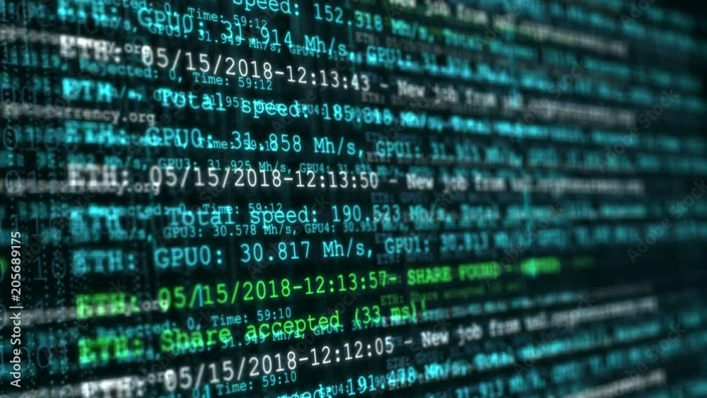 Screen display of block chain network and programming binary code concept background. Process of mining digital crypto currency. Abstract seamless loop animation of cryptocurrency technology.