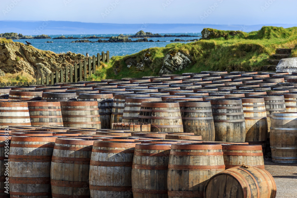 Scotch whisky / whiskey barrels lined up by the seaside on the Island of Islay, Scotland, UK
