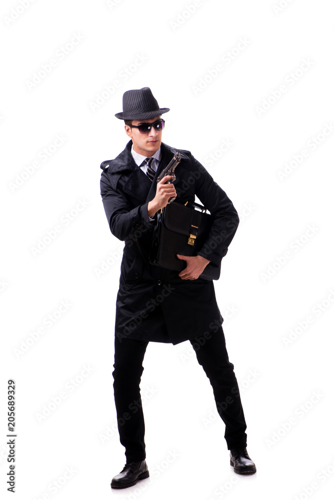 Man spy with handgun isolated on white background Man spy with handgun isolated on white background